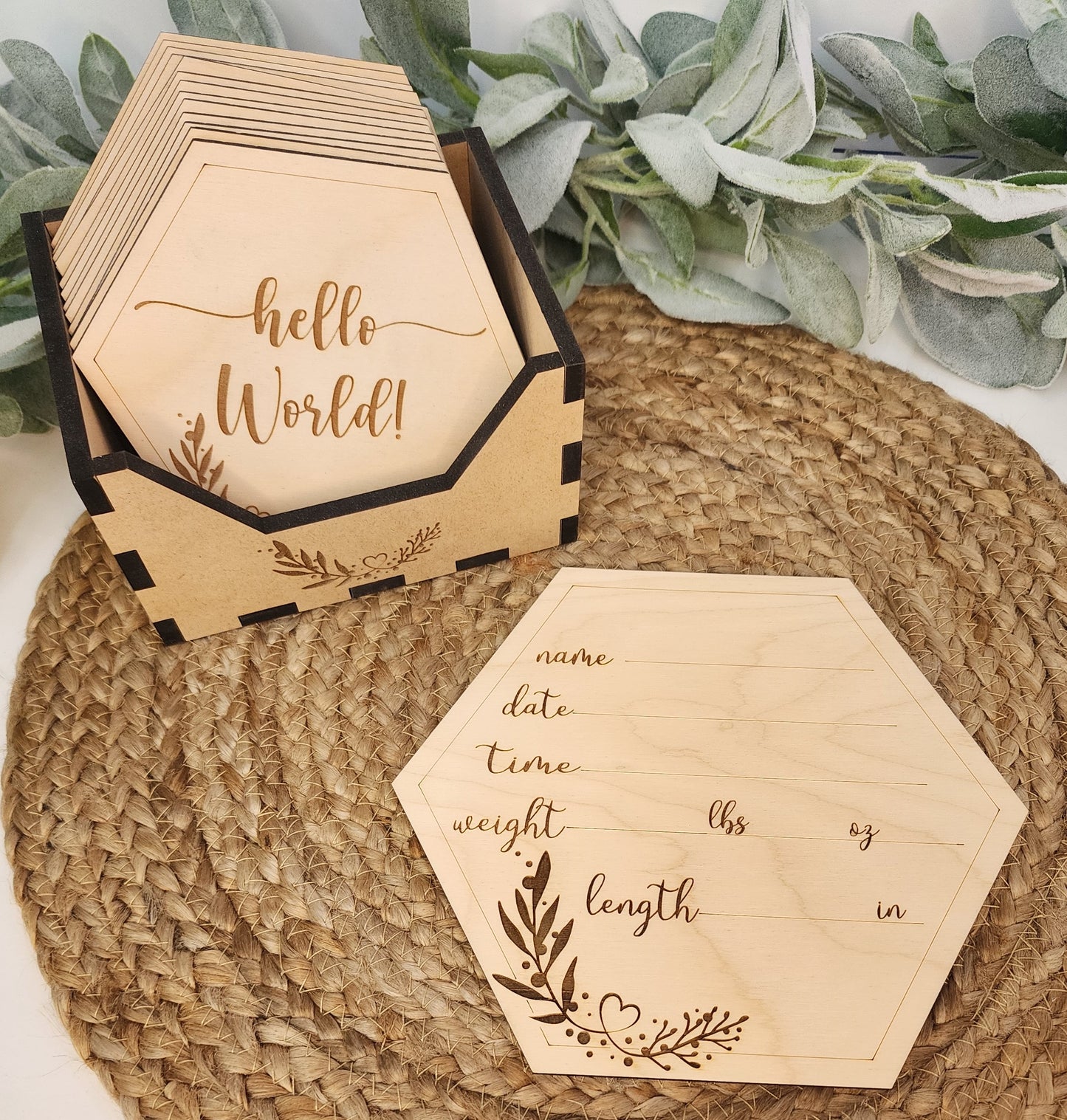 Hexagon Floral Baby Stats Plaque